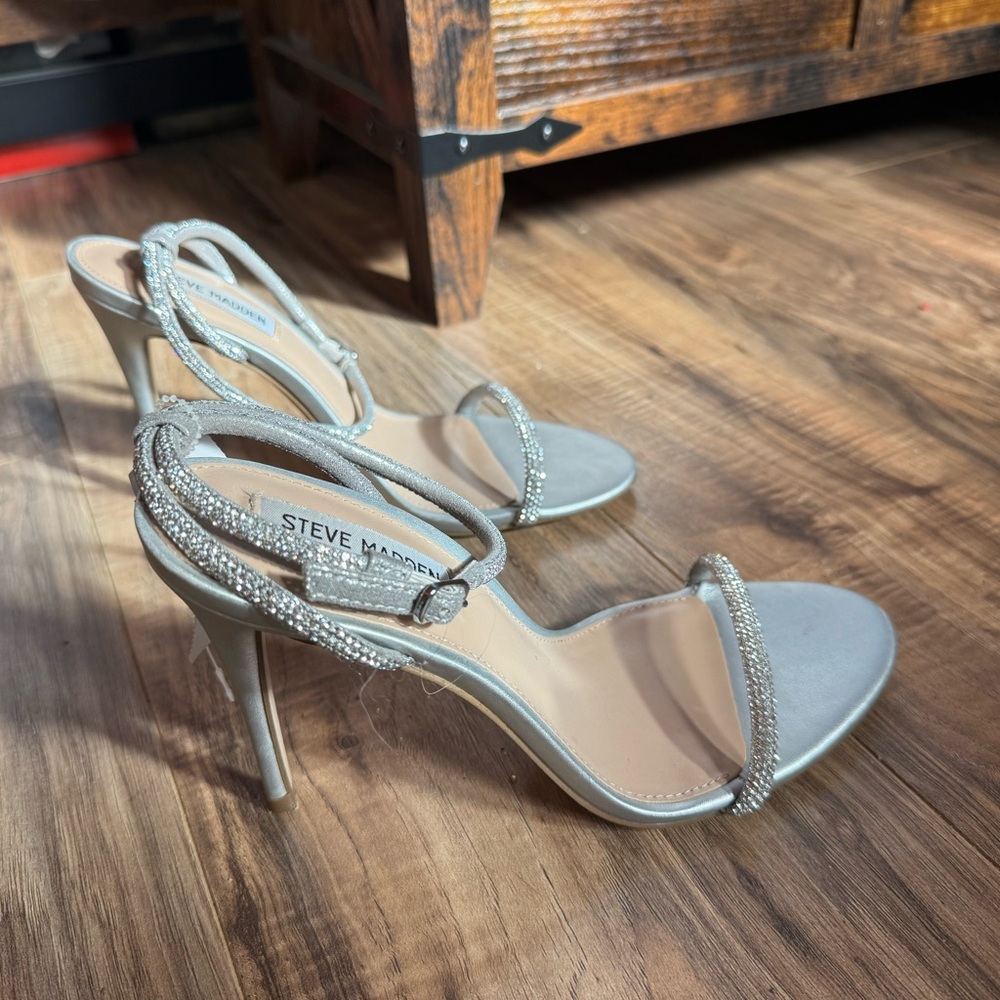 Steve Madden Breslin - Silver Rhinestone Strappy 4” Stiletto Heels